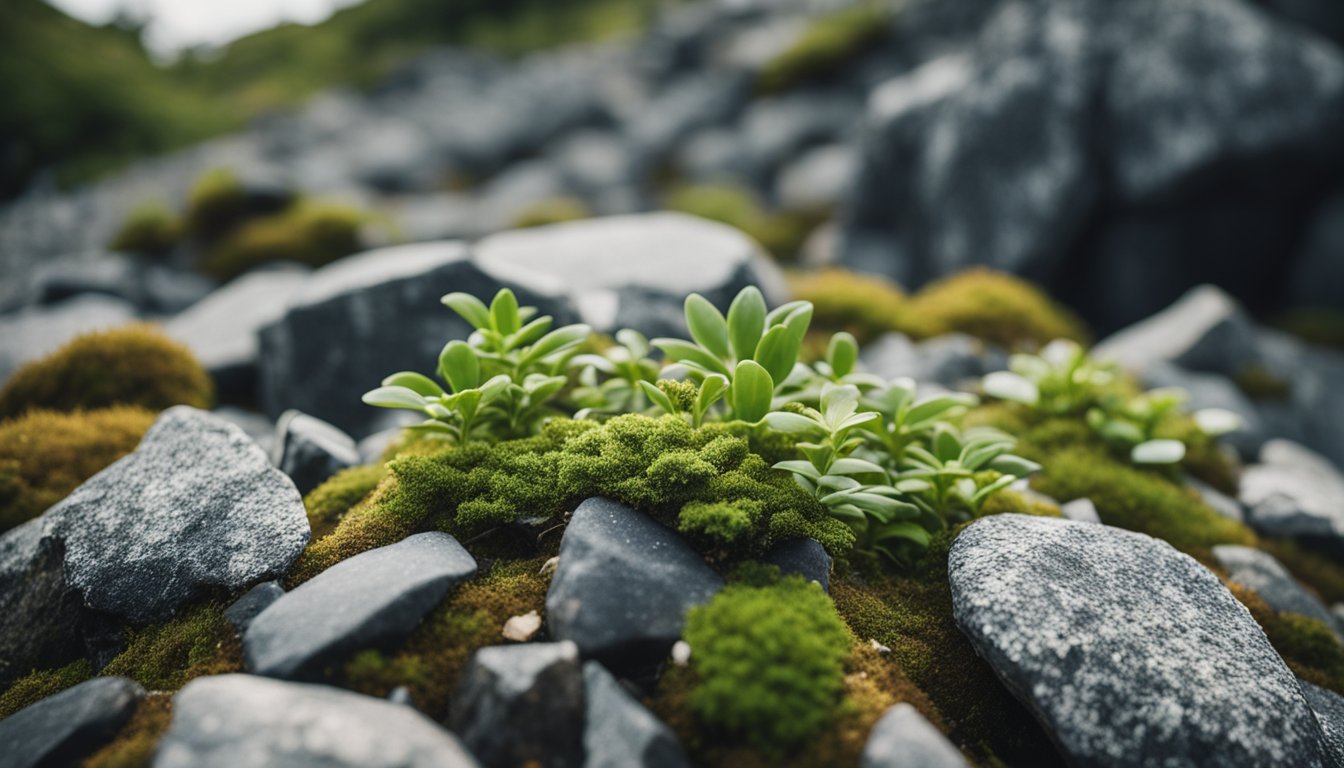 En bunke granitflis spredt over et klippefyldt landskab med små planter og mos der vokser blandt stenene