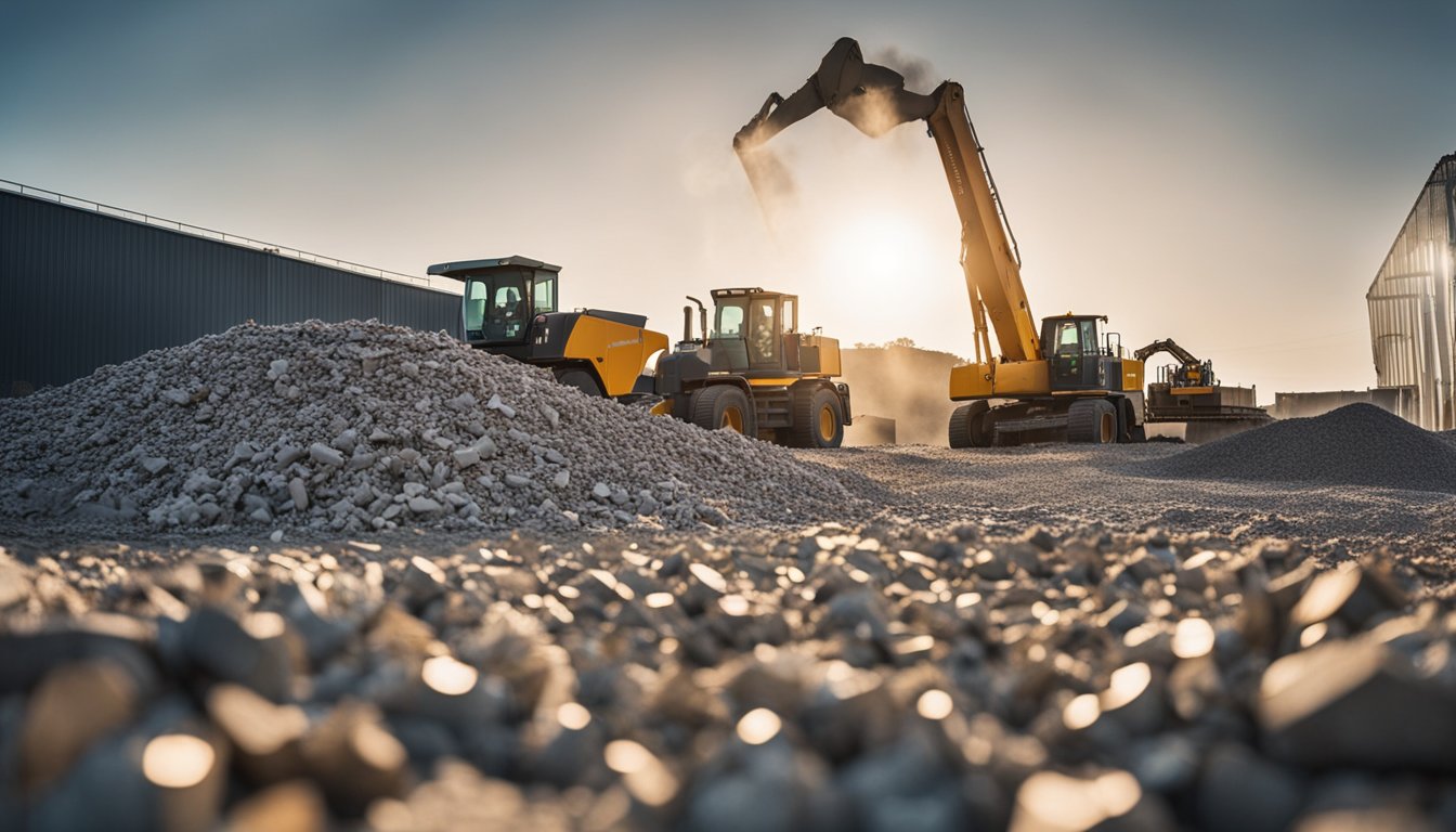 Et landskab med en bunke granitflis der bliver spredt og komprimeret af tungt udstyr Området omkring er fyldt med arbejdere der vedligeholder udstyret og overvåger processen