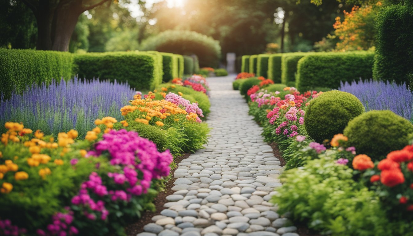 En havegang belagt med granitchips omgivet af frodig grønt og farverige blomster